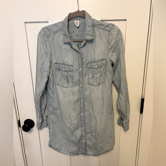 & Denim Long Sleeve Chambray Shirt Dress Button Down Pockets Blue Size 6 - Picture 1 of 4